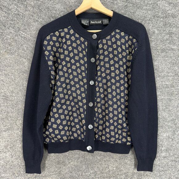 Anne Klein Cardigan Women M Medium Blue Geometric Button Wool Knit Long Sleeve - Picture 1 of 6
